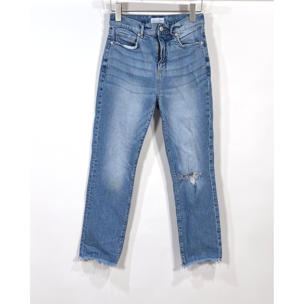 Loft The Straight Crop Jeans Medium Wash Raw Hem Distressed - Size 0/25